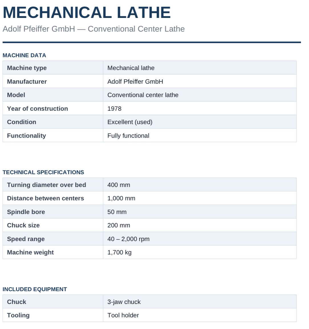 Adolf Pfeiffer Conventional Center Lathe